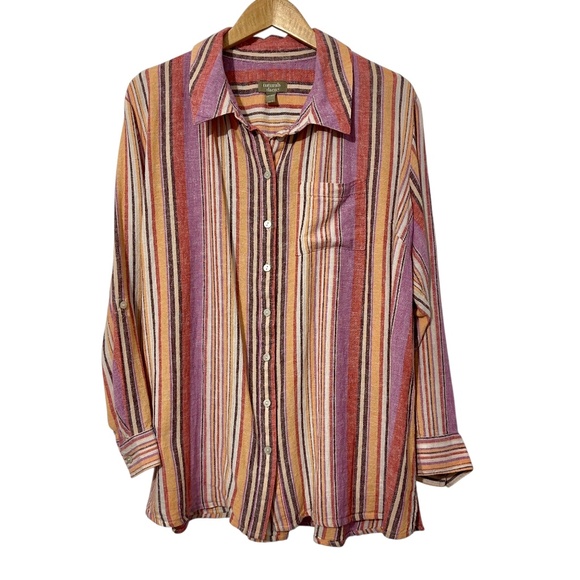 Naturals Denim & Co Womens Linen Bld Top Petite Size XLP Striped Button Down - Picture 1 of 5